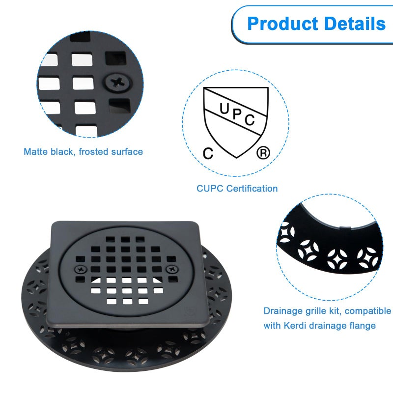 REEPLAR 4 Inch Drain Grate Kit Compatible with Schluter Kerdi-Drain Flange Square Shower Floor Drain SS304 Stainless Steel and ABS Material - CUPC Certification  Matte Black - Image 3